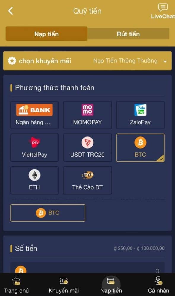 Chọn phương thức nạp tiền BTC trong danh sách Chọn phương thức nạp tiền BTC trong danh sách