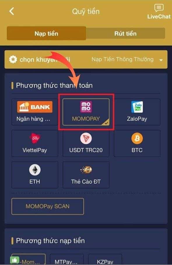 Chọn phương thức nạp tiền MOMOPAY Chọn phương thức nạp tiền MOMOPAY
