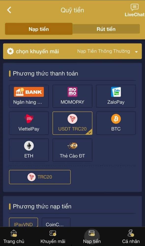 Chọn phương thức nạp tiền USDT TRC20 Chọn phương thức nạp tiền USDT TRC20
