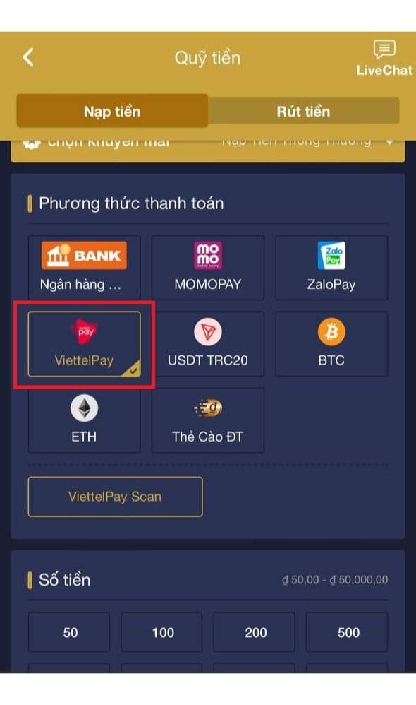 Chọn phương thức nạp tiền ViettelPay Chọn phương thức nạp tiền ViettelPay