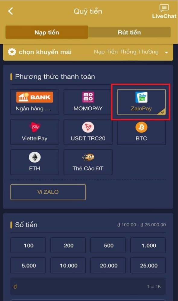 Chọn phương thức nạp tiền ZaloPay Chọn phương thức nạp tiền ZaloPay