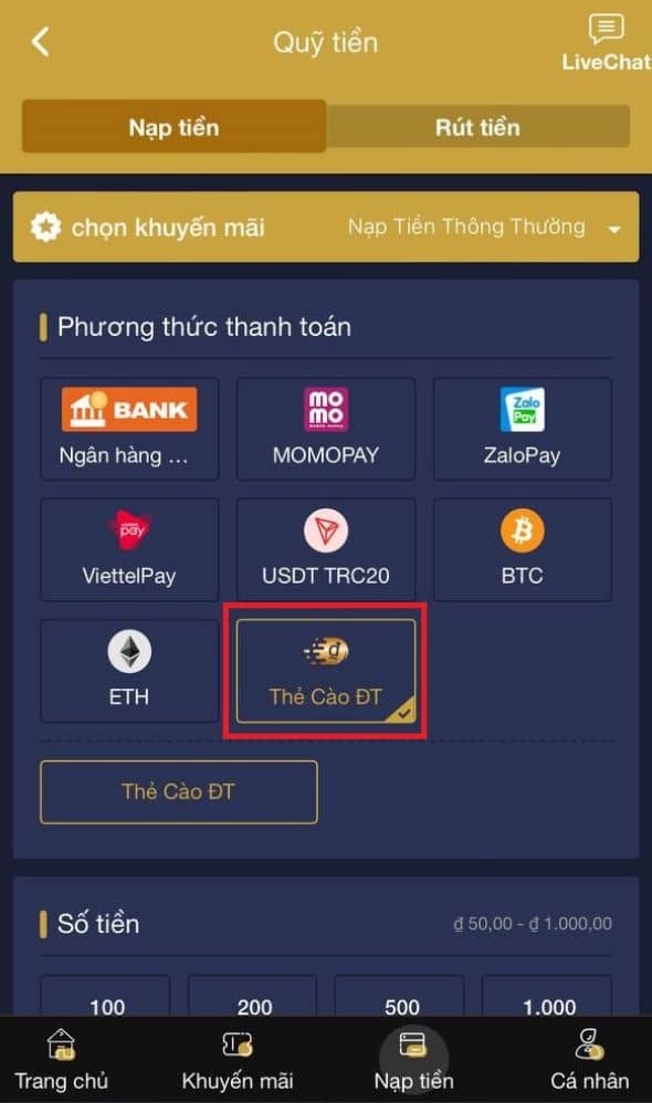 Chọn phương thức nạp tiền bằng thẻ cào ĐT Chọn phương thức nạp tiền bằng thẻ cào ĐT