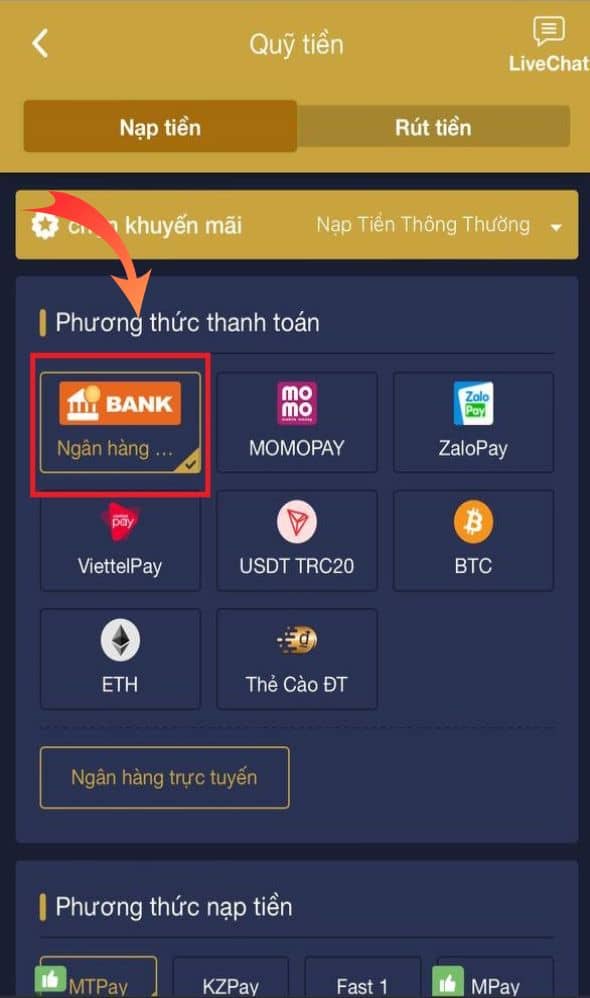 Chọn phương thức nạp tiền ngân hàng trực tuyến Chọn phương thức nạp tiền ngân hàng trực tuyến