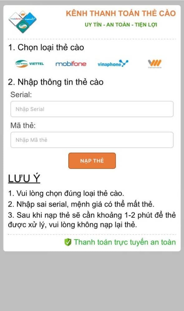 Nhấn gửi tiền sau đó thực hiện giao dịch nạp thẻ cào theo yêu cầu Nhấn gửi tiền sau đó thực hiện giao dịch nạp thẻ cào theo yêu cầu