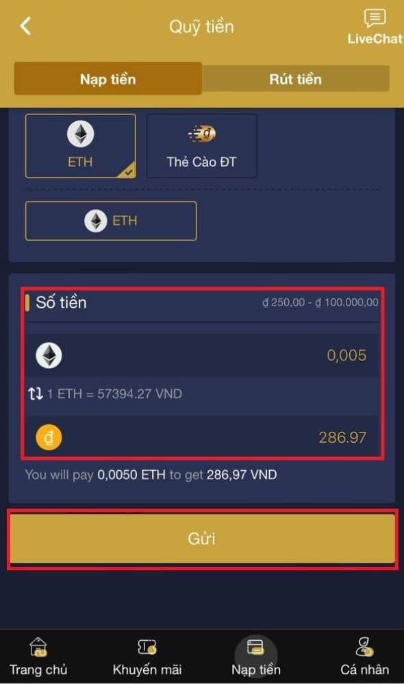 Nhập số tiền cần gửi tối thiểu cho phương thức ETH Nhập số tiền cần gửi tối thiểu cho phương thức ETH