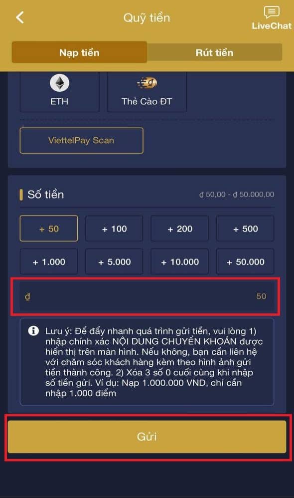 Nhập số tiền cần nạp tối thiểu là 50.000 VND Nhập số tiền cần nạp tối thiểu là 50.000 VND