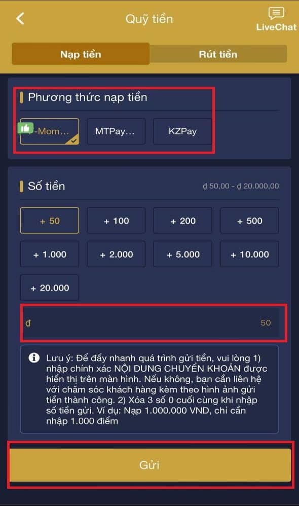 Nhập số tiền vào cần nạp và nhấn gửi Nhập số tiền vào cần nạp và nhấn gửi