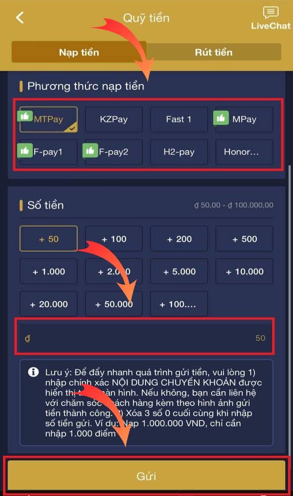 Nhập số tiền cần nạp và nhấn gửi Nhập số tiền cần nạp và nhấn gửi