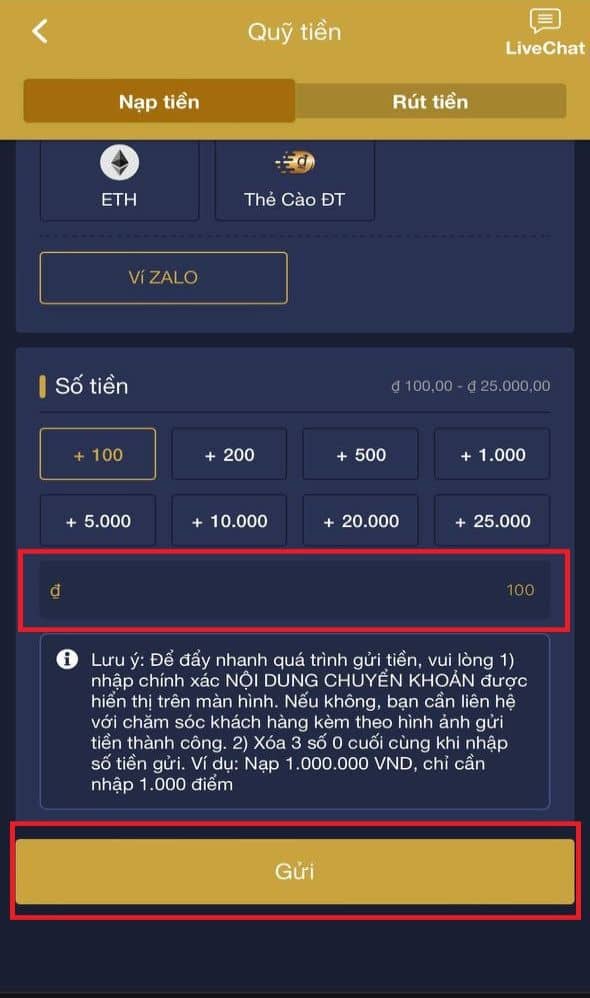 Nhập số tiền tối thiểu cần nạp Nhập số tiền tối thiểu cần nạp